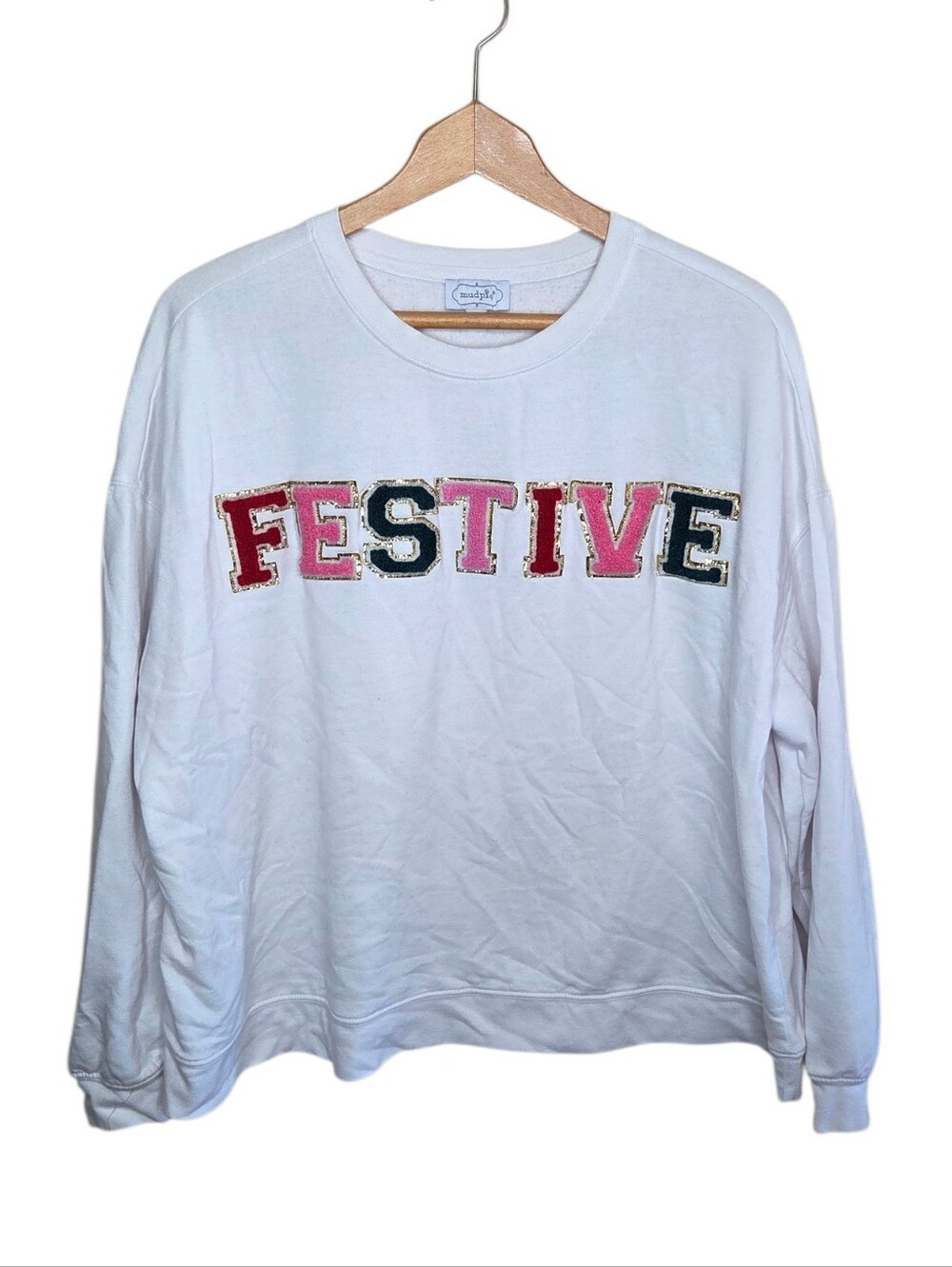Mudpie White Crewneck Sweatshirt Festive Holiday Graphic Size Medium/Large M/L